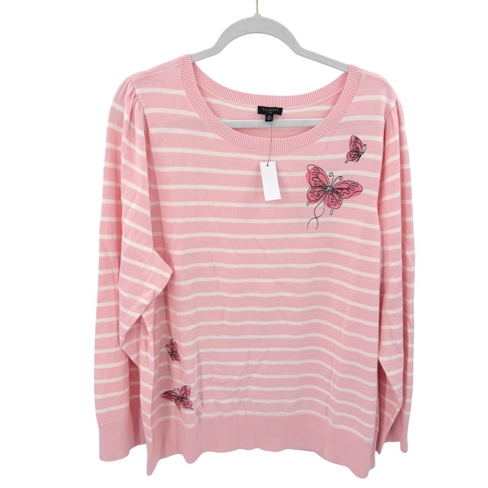 Talbots Plus 2X Pink White Striped Butterfly Embroidered Puff Sleeve Sweater NWT